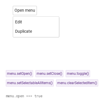 setOpen · setClose · toggle · setSelectableAllItems · clearSelectedItem · Opened